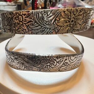 Floral Engraved Silver Tone Cuff Bracelet